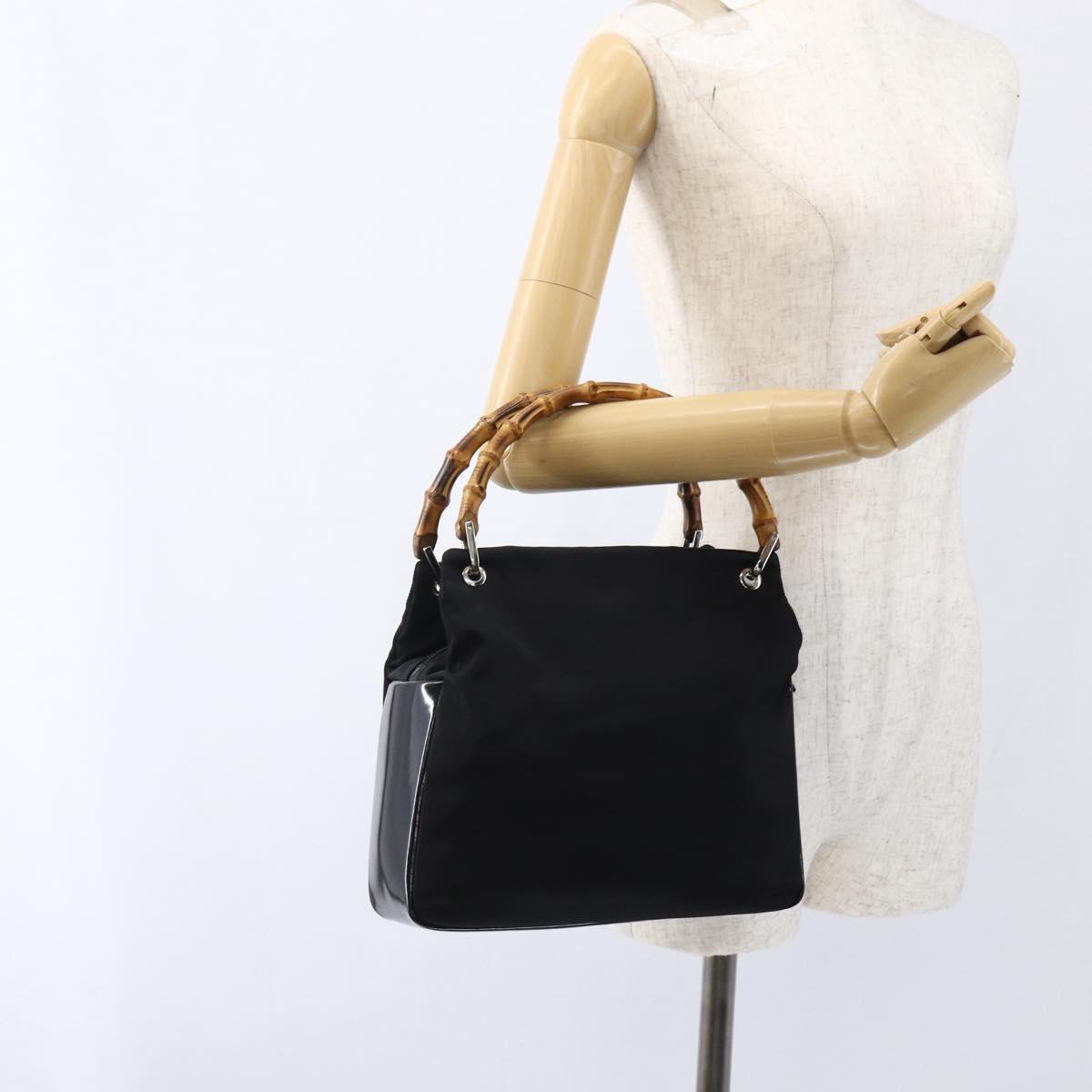 GUCCI Bamboo Hand Bag Nylon Black Silver Auth bs32825