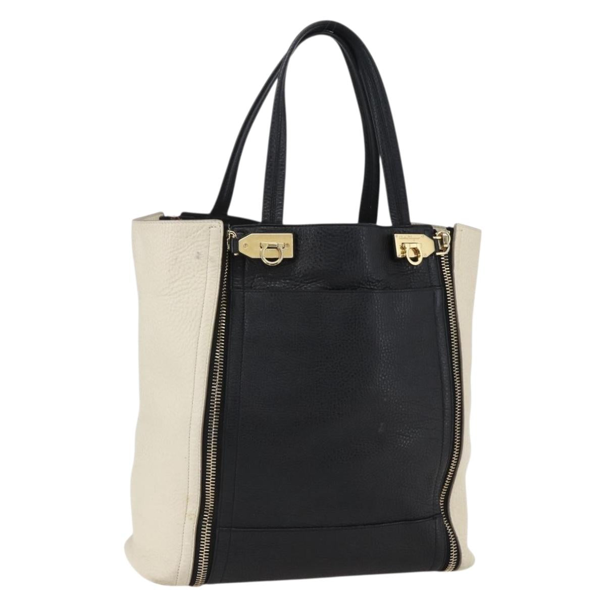 Salvatore Ferragamo Tote Bag Leather White Black Auth bs32829