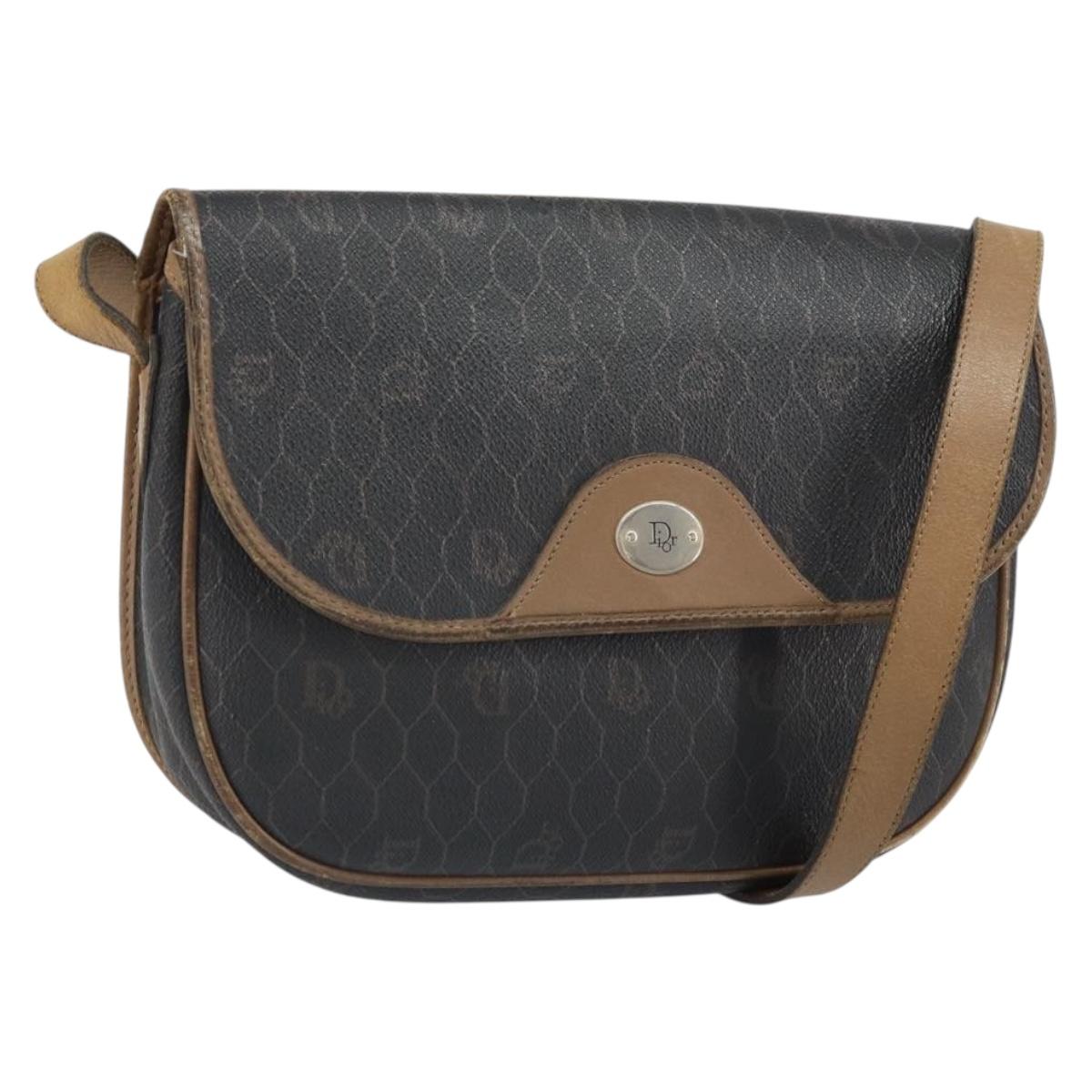 Christian Dior Honeycomb Canvas Shoulder Bag PVC Black Gold Auth bs32839