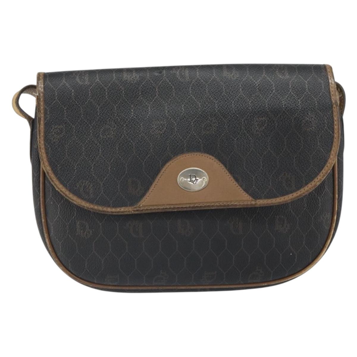 Christian Dior Honeycomb Canvas Shoulder Bag PVC Black Gold Auth bs32839