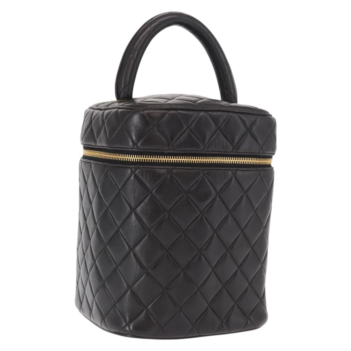 CHANEL Vanity Hand Bag Lamb Skin Black Gold CC Auth bs32846