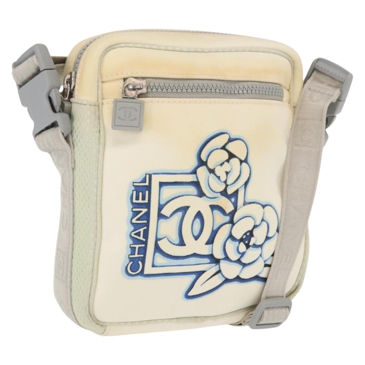 CHANEL Sports Line Shoulder Bag Nylon White Silver CC Auth bs32847