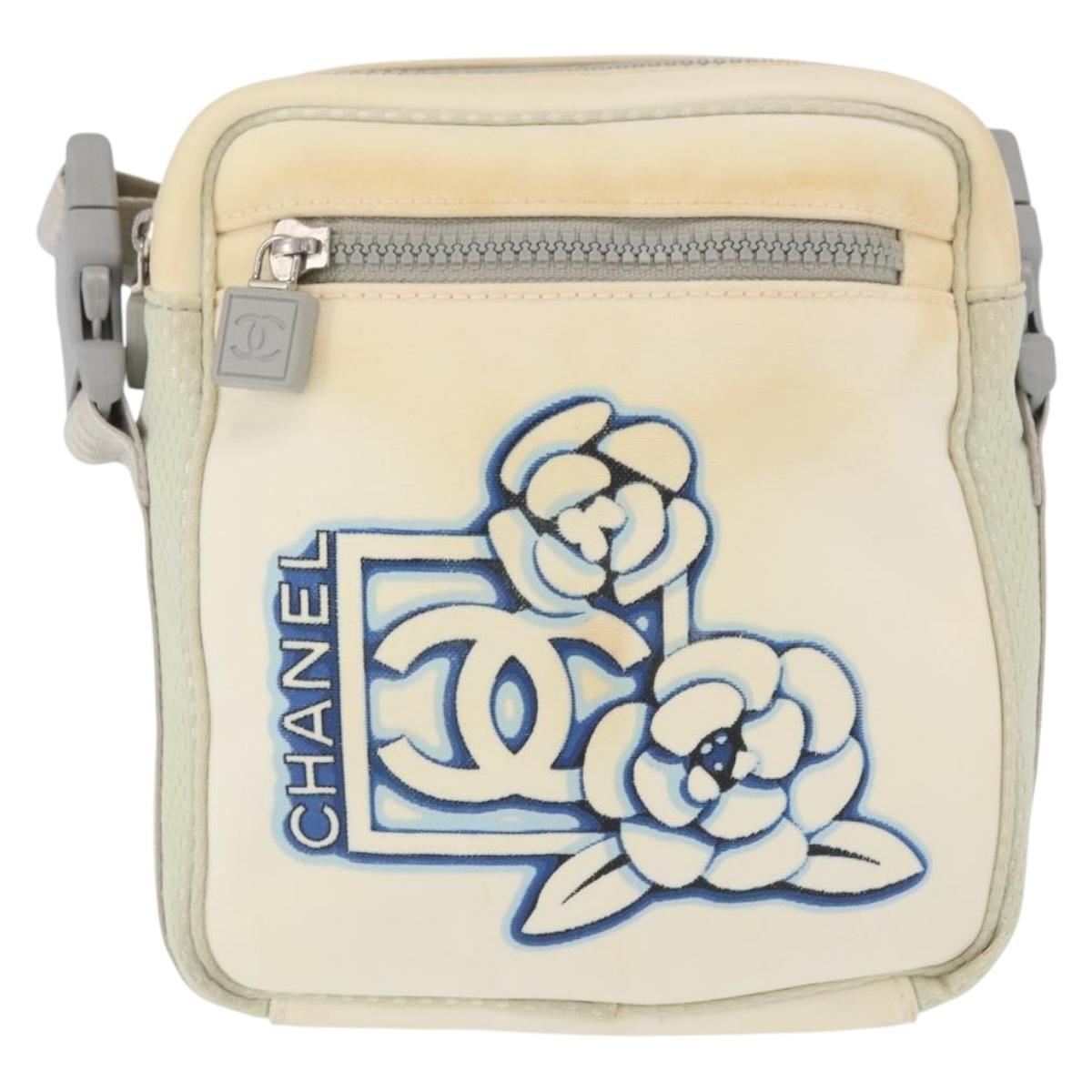 CHANEL Sports Line Shoulder Bag Nylon White Silver CC Auth bs32847