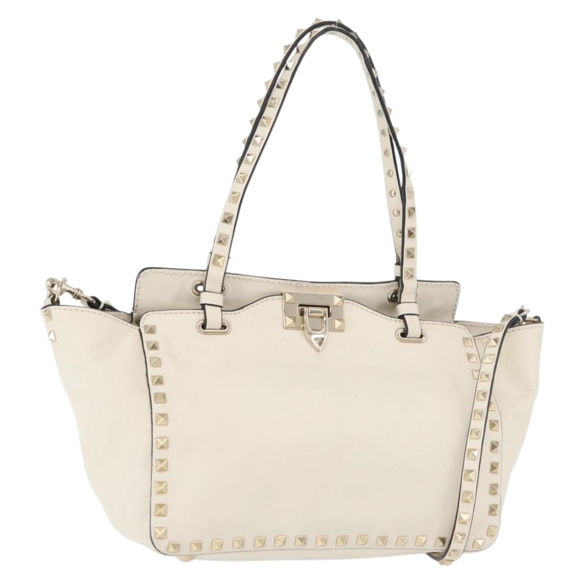 VALENTINO Hand Bag Leather 2way White Gold Auth bs32858