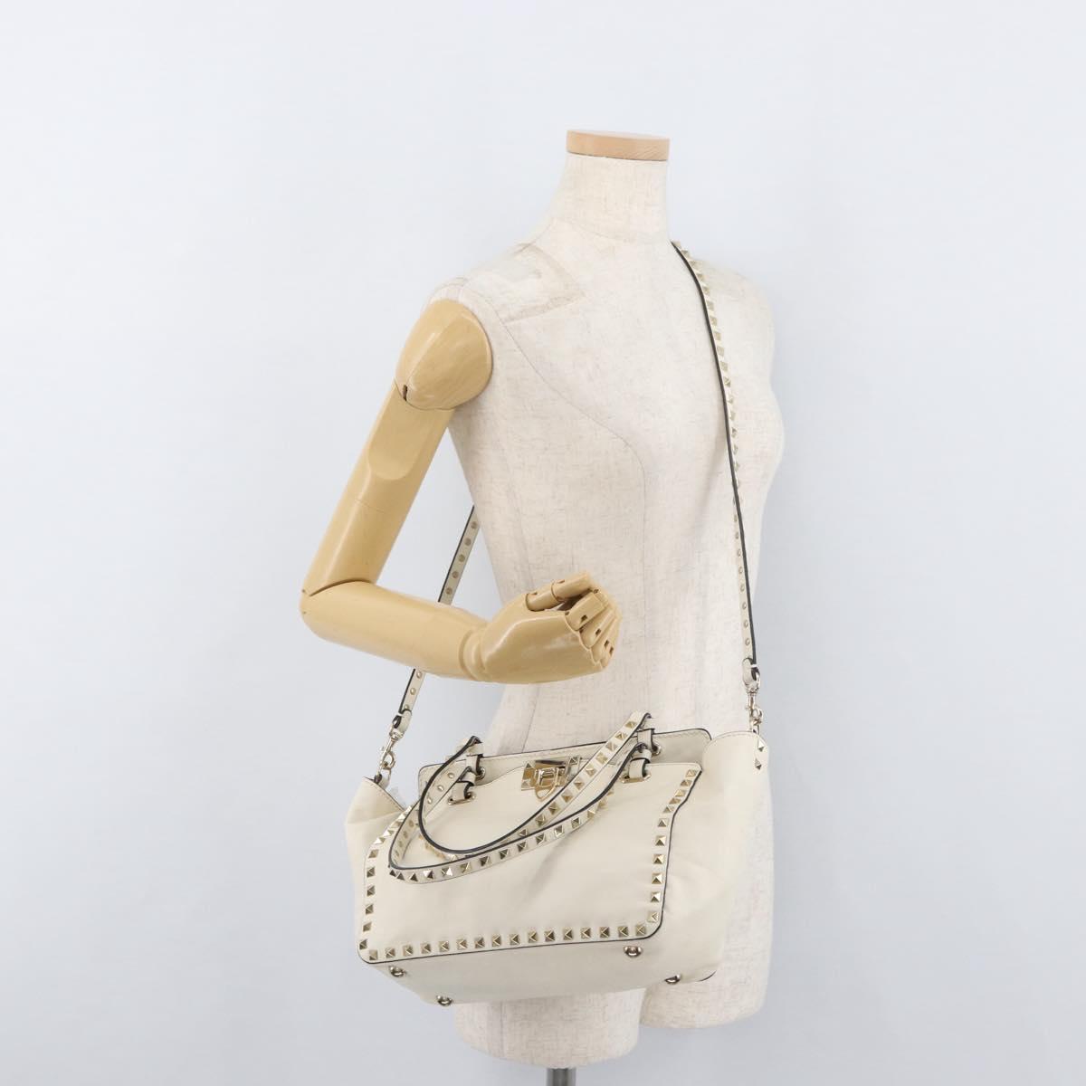 VALENTINO Hand Bag Leather 2way White Gold Auth bs32858