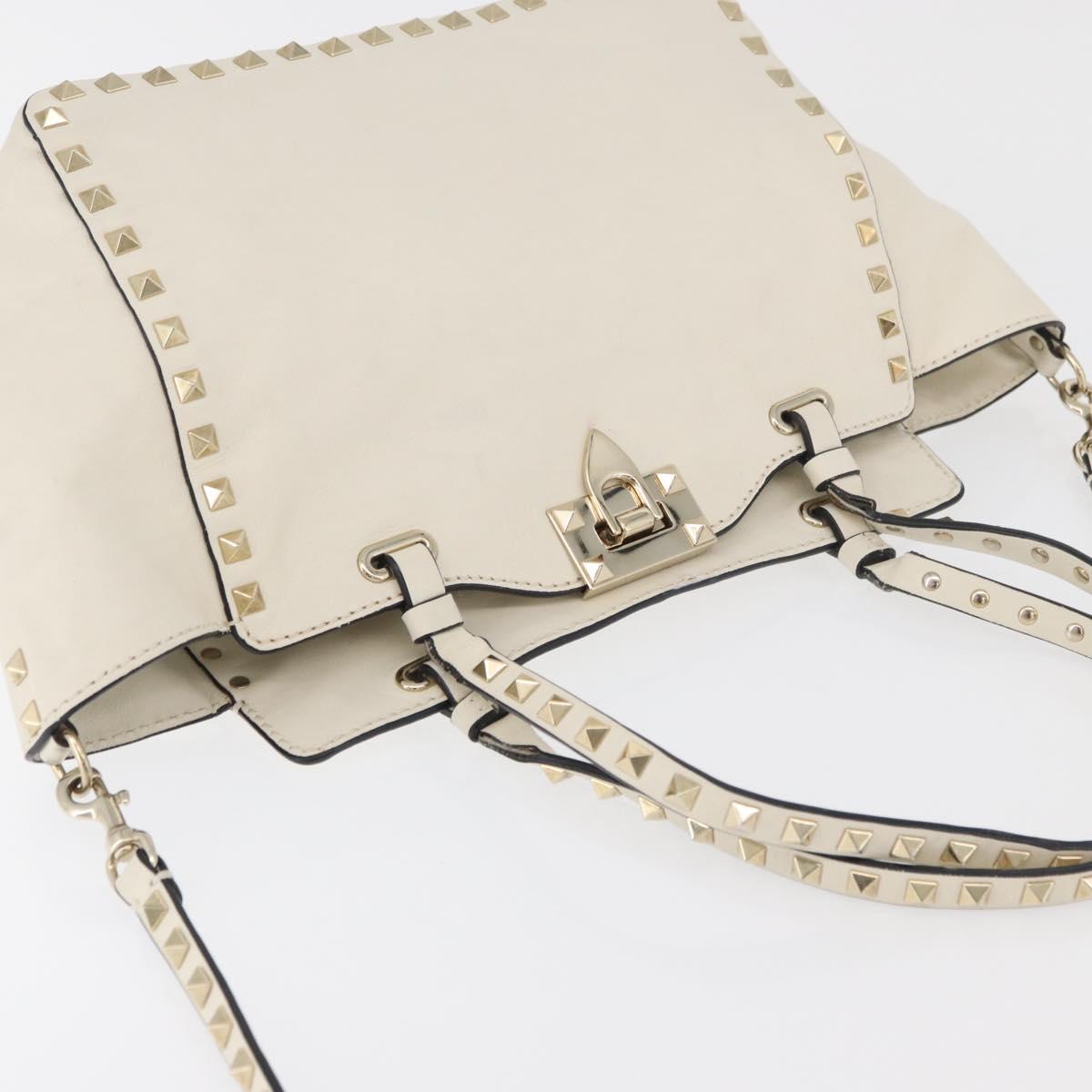 VALENTINO Hand Bag Leather 2way White Gold Auth bs32858