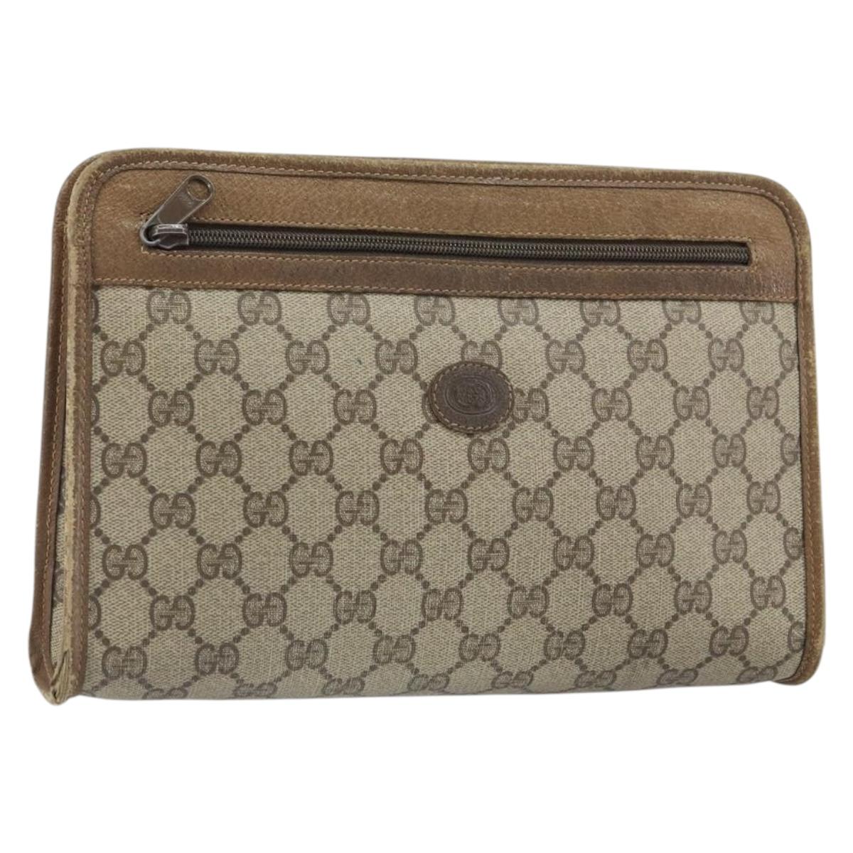 GUCCI GG Supreme Clutch Bag PVC Beige Gold 111 01 037 Auth bs32865