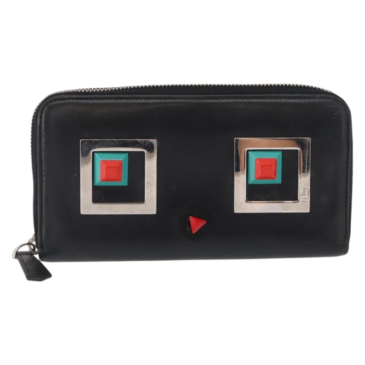 FENDI Long Wallet Leather Black Silver Auth bs32869