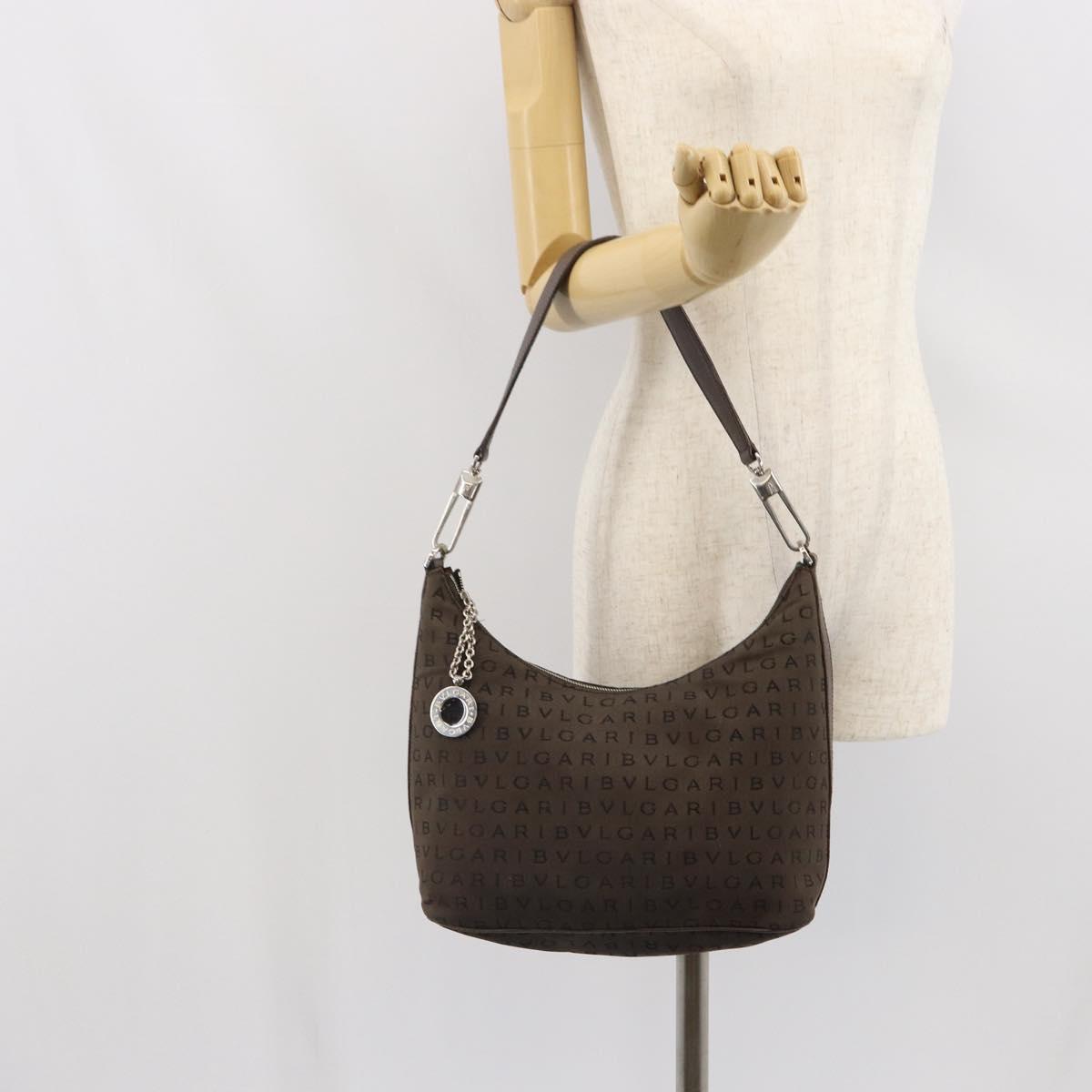 BVLGARI Shoulder Bag Canvas Brown Silver Auth bs32878