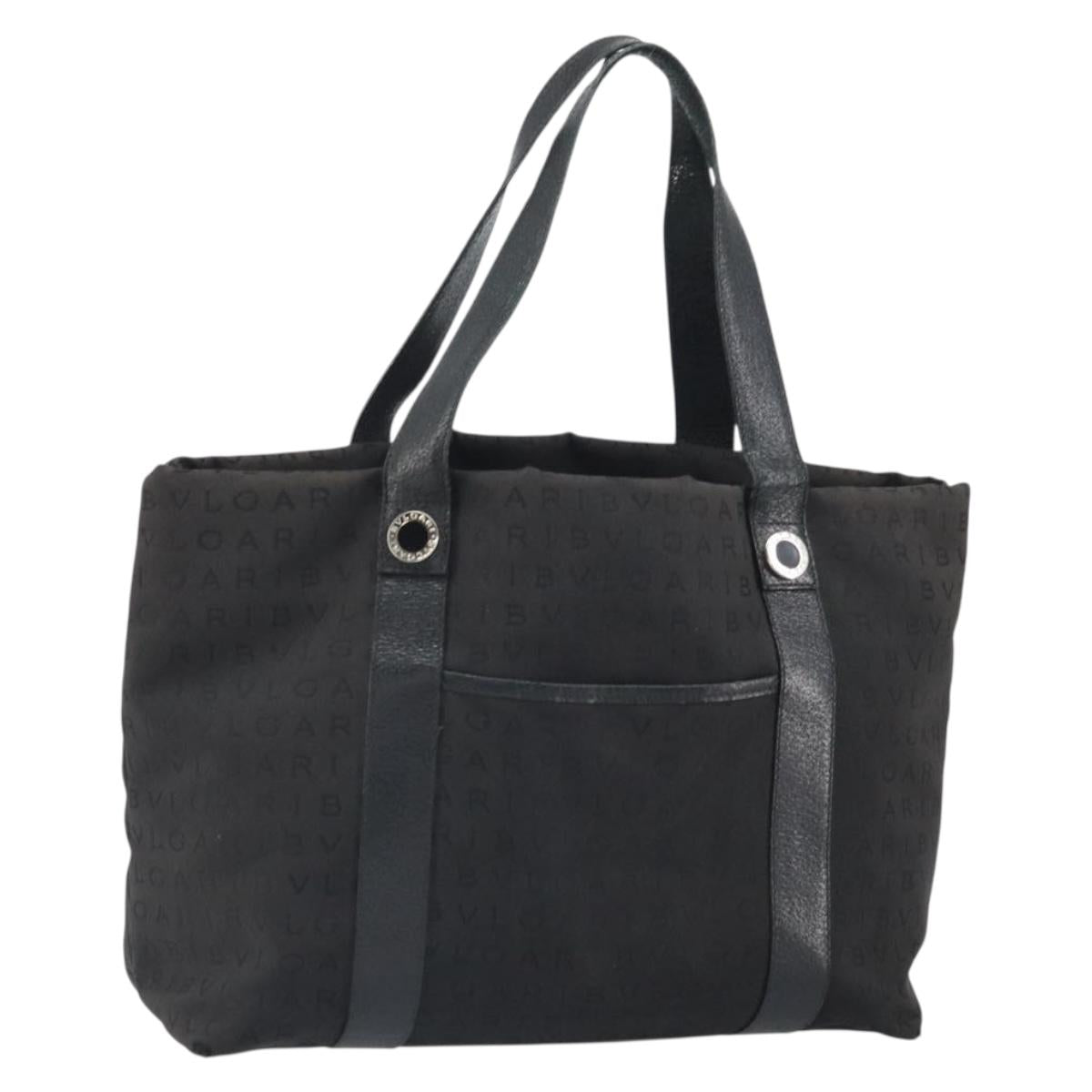 BVLGARI Tote Bag Canvas Black Silver Auth bs32879