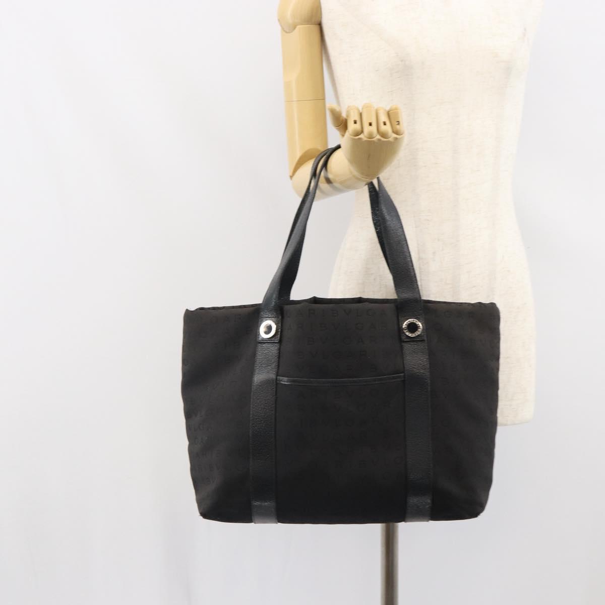 BVLGARI Tote Bag Canvas Black Silver Auth bs32879