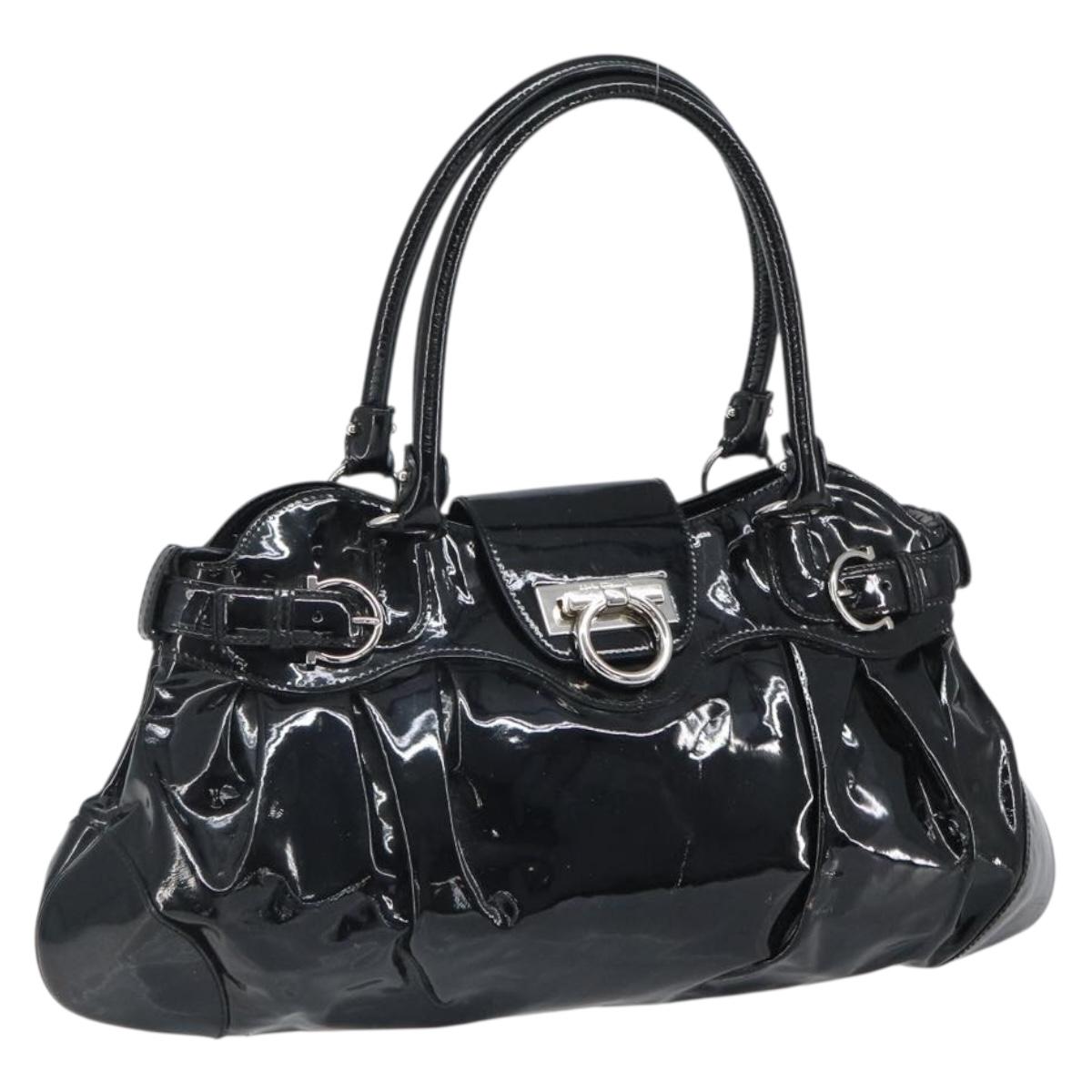 Salvatore Ferragamo Ganchei Hand Bag Patent leather Black Silver Auth bs32886