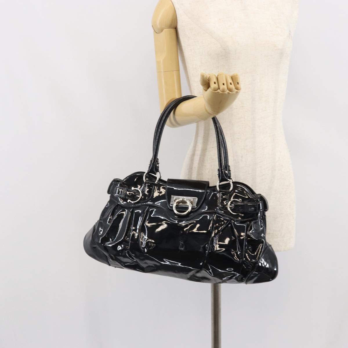 Salvatore Ferragamo Ganchei Hand Bag Patent leather Black Silver Auth bs32886