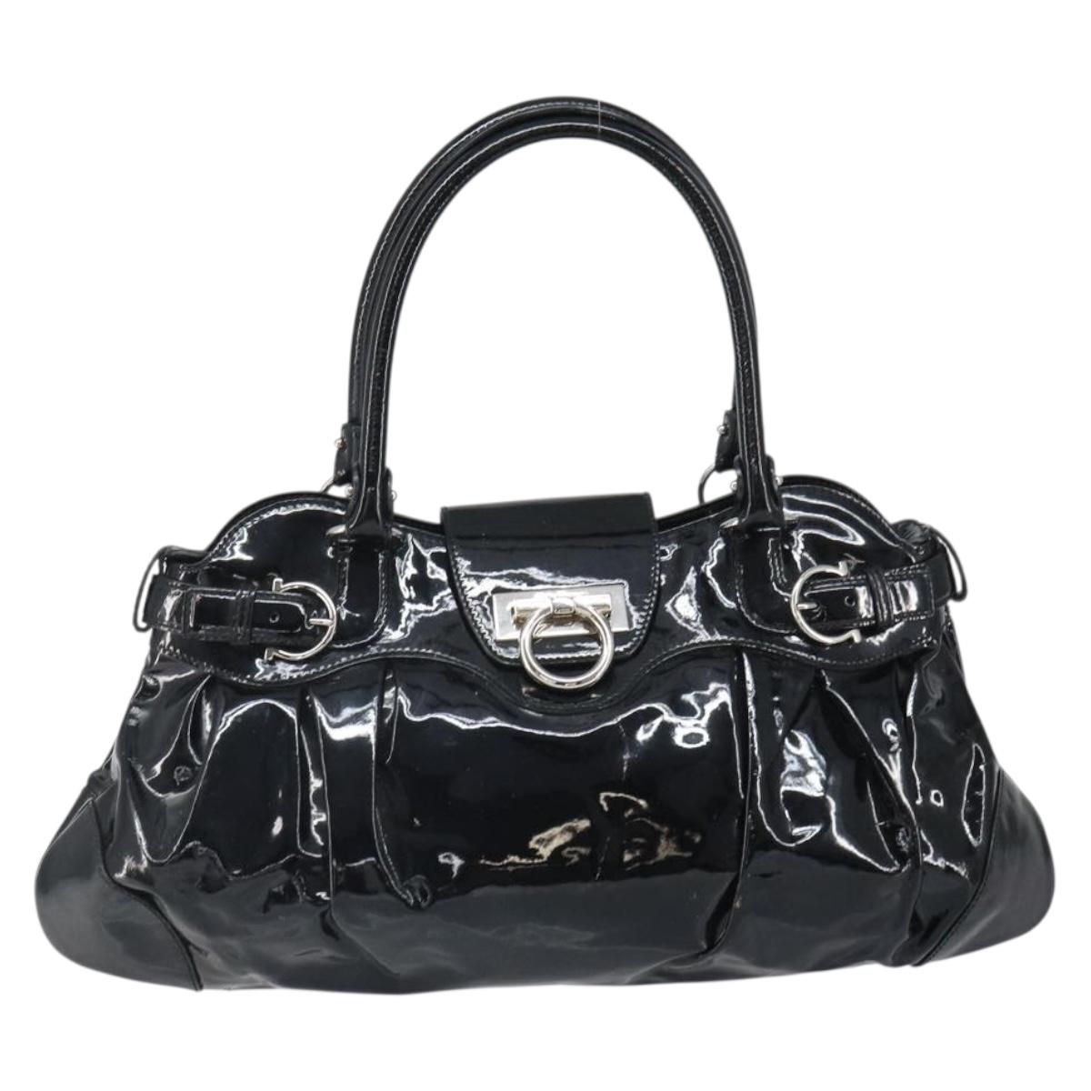 Salvatore Ferragamo Ganchei Hand Bag Patent leather Black Silver Auth bs32886