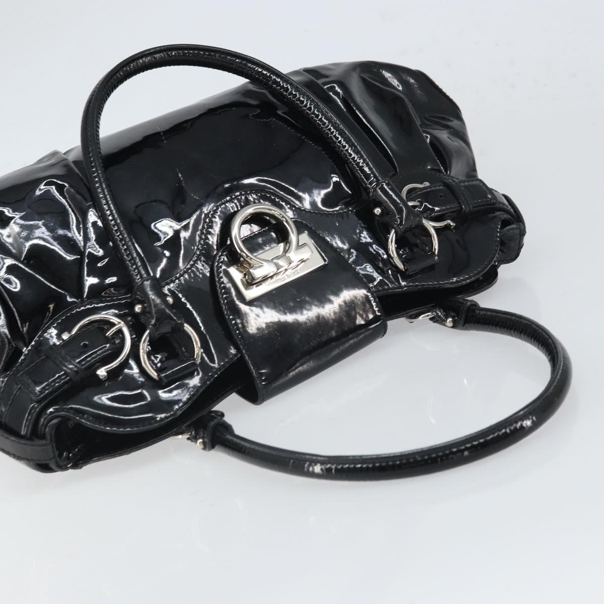 Salvatore Ferragamo Ganchei Hand Bag Patent leather Black Silver Auth bs32886