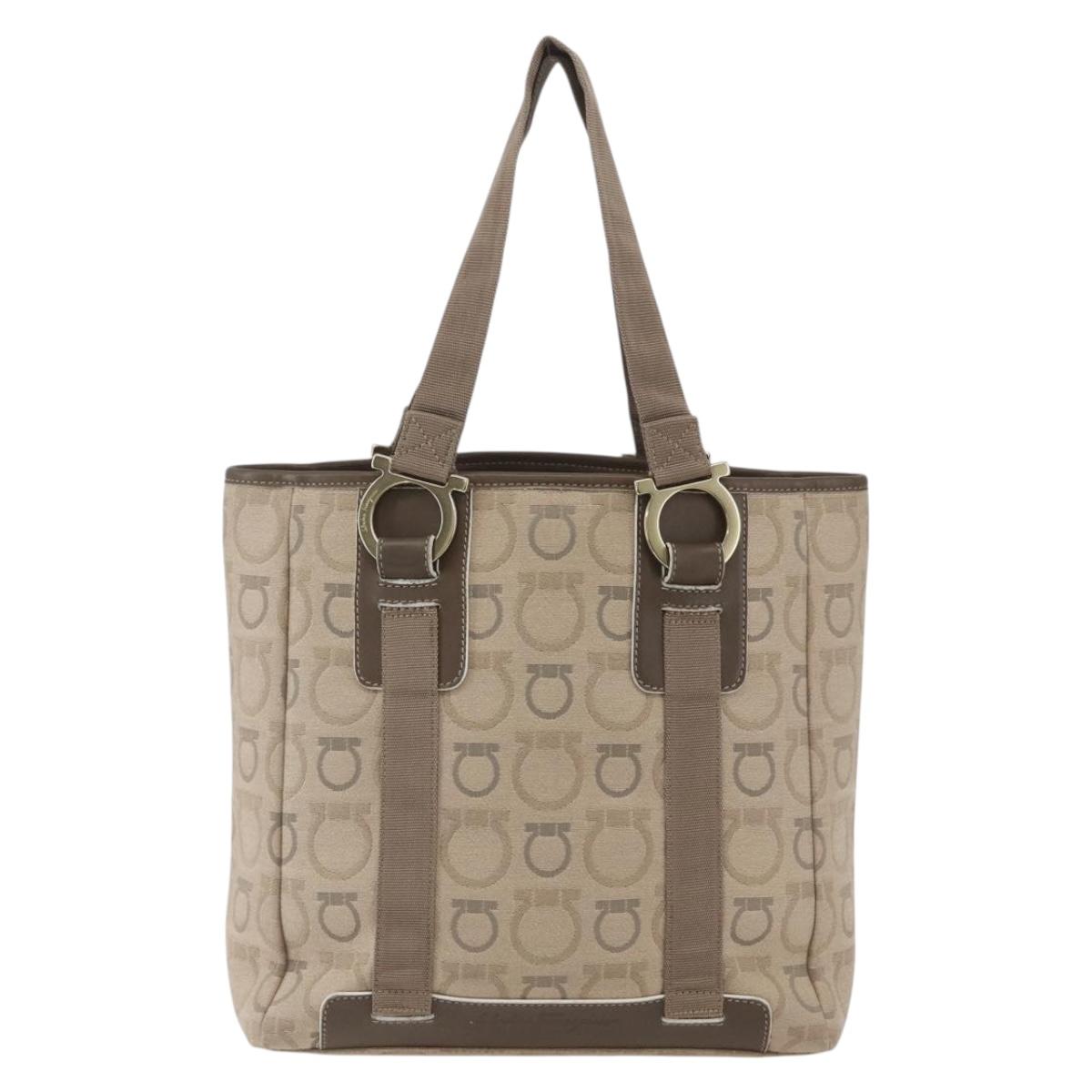 Salvatore Ferragamo Tote Bag Canvas Beige Gold Auth bs32887