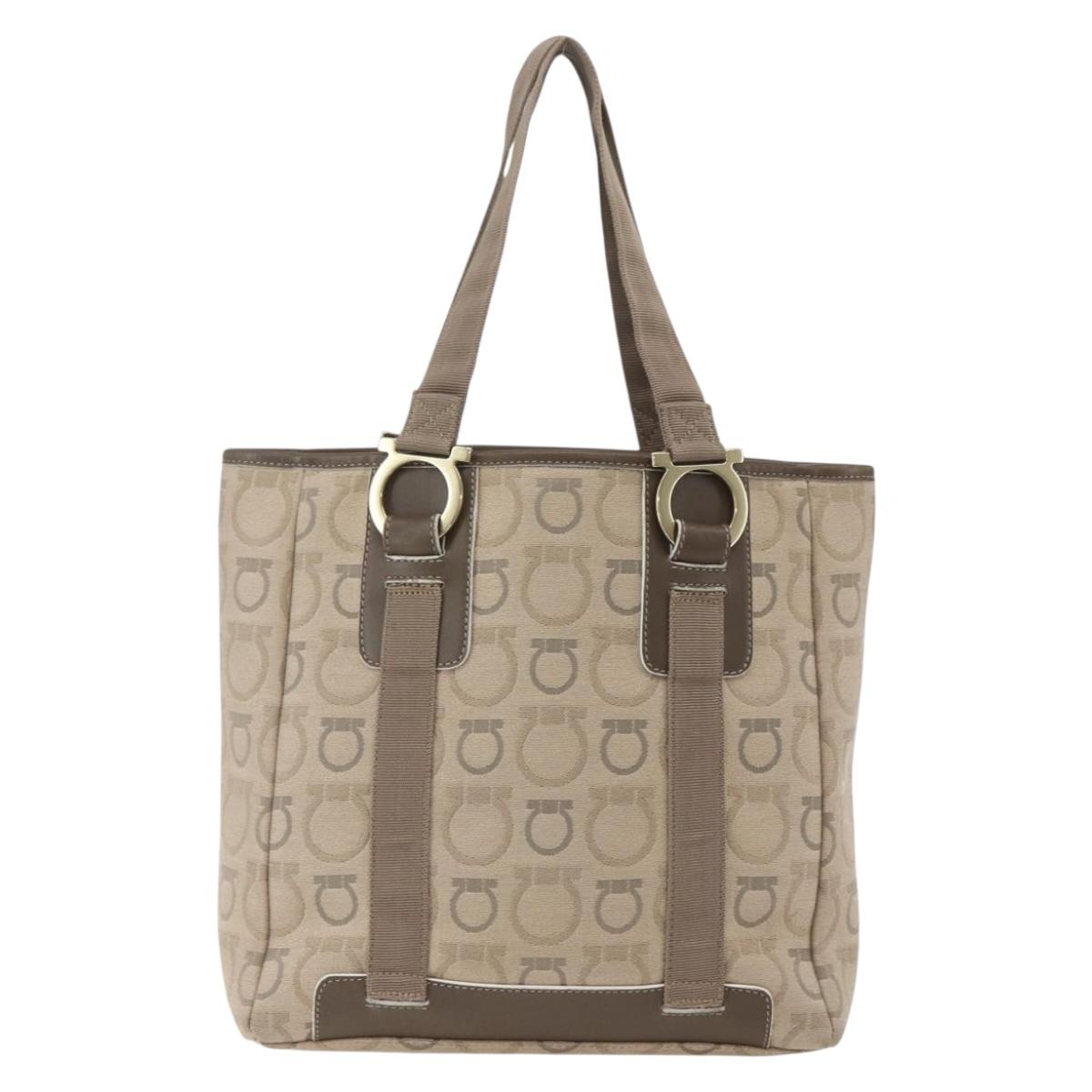 Salvatore Ferragamo Tote Bag Canvas Beige Gold Auth bs32887