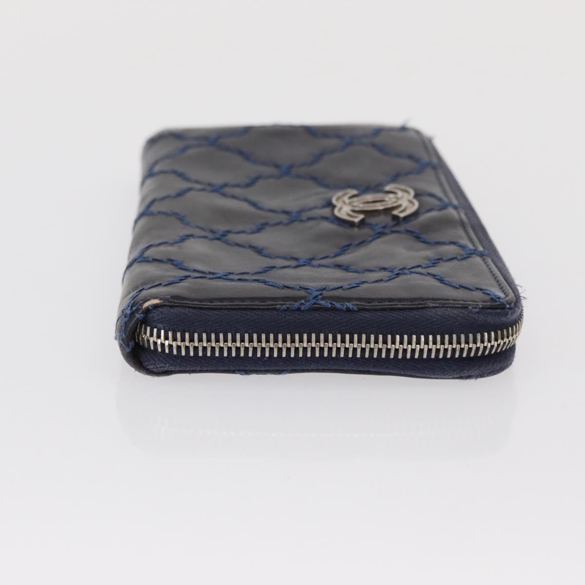 CHANEL Matelasse Long Wallet Leather Navy Silver CC Auth bs32901