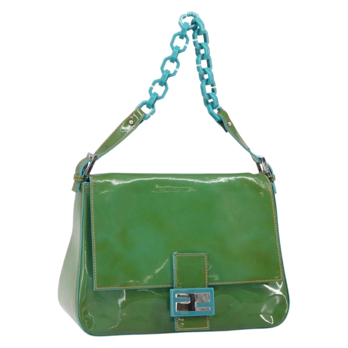 FENDI Mamma Baguette Shoulder Bag Patent leather Green Silver Auth bs32902