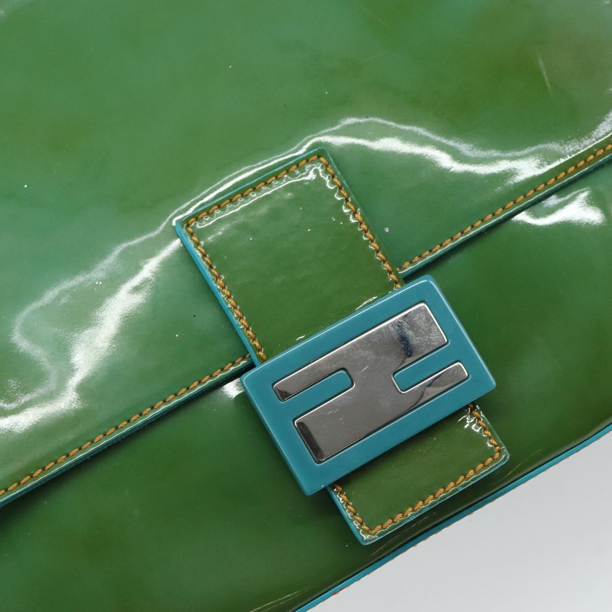 FENDI Mamma Baguette Shoulder Bag Patent leather Green Silver Auth bs32902
