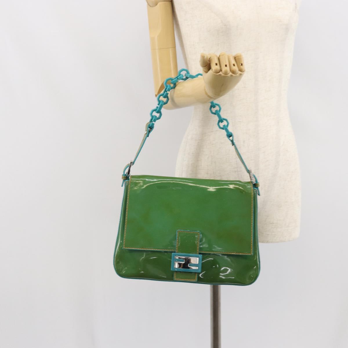 FENDI Mamma Baguette Shoulder Bag Patent leather Green Silver Auth bs32902