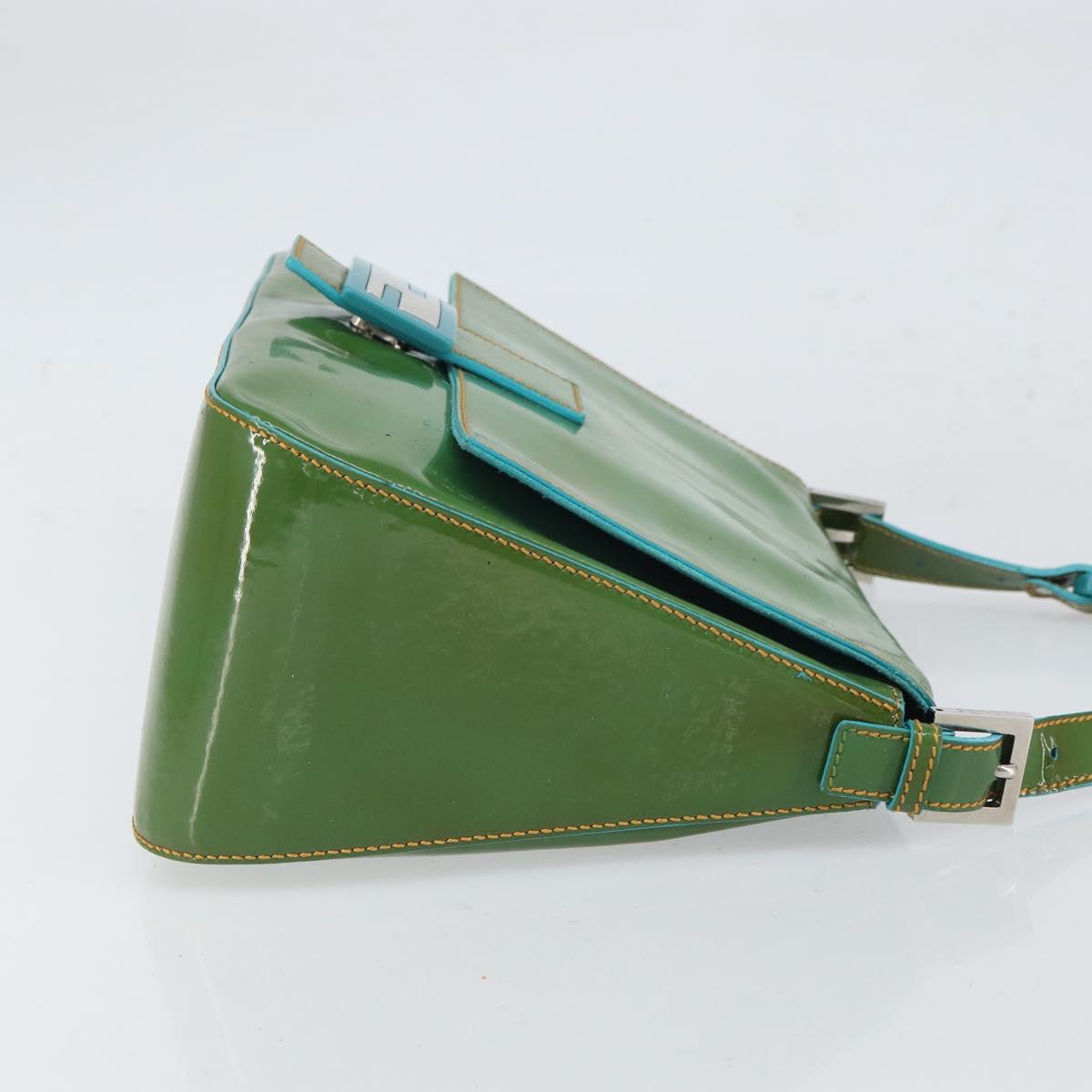 FENDI Mamma Baguette Shoulder Bag Patent leather Green Silver Auth bs32902