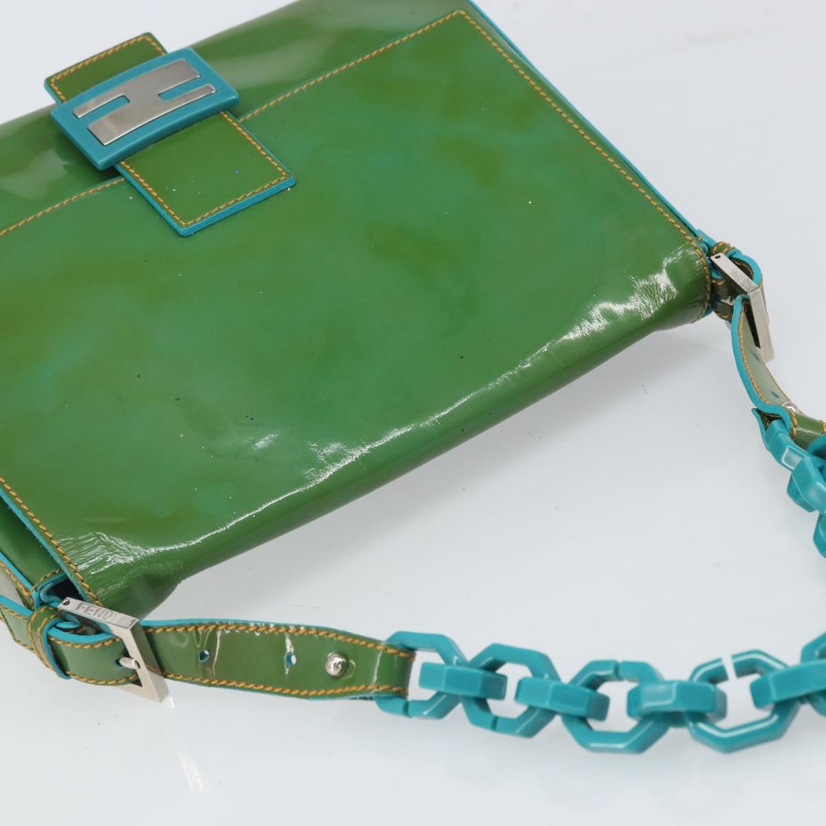 FENDI Mamma Baguette Shoulder Bag Patent leather Green Silver Auth bs32902
