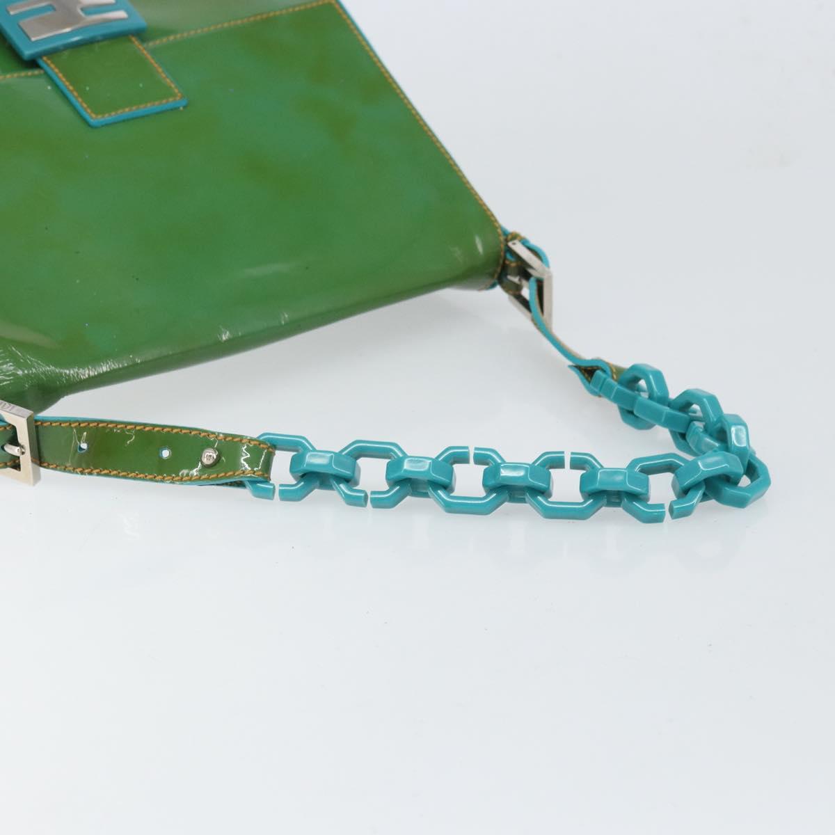 FENDI Mamma Baguette Shoulder Bag Patent leather Green Silver Auth bs32902