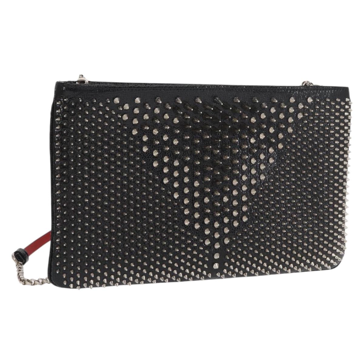 Christian Louboutin Chain Shoulder Bag Leather Black Silver Auth bs32908