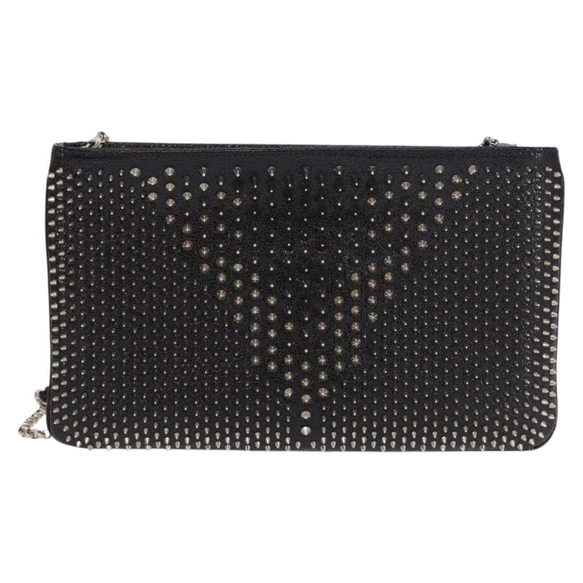 Christian Louboutin Chain Shoulder Bag Leather Black Silver Auth bs32908