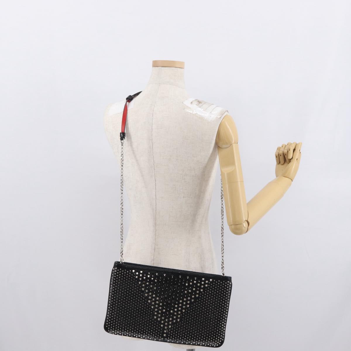 Christian Louboutin Chain Shoulder Bag Leather Black Silver Auth bs32908