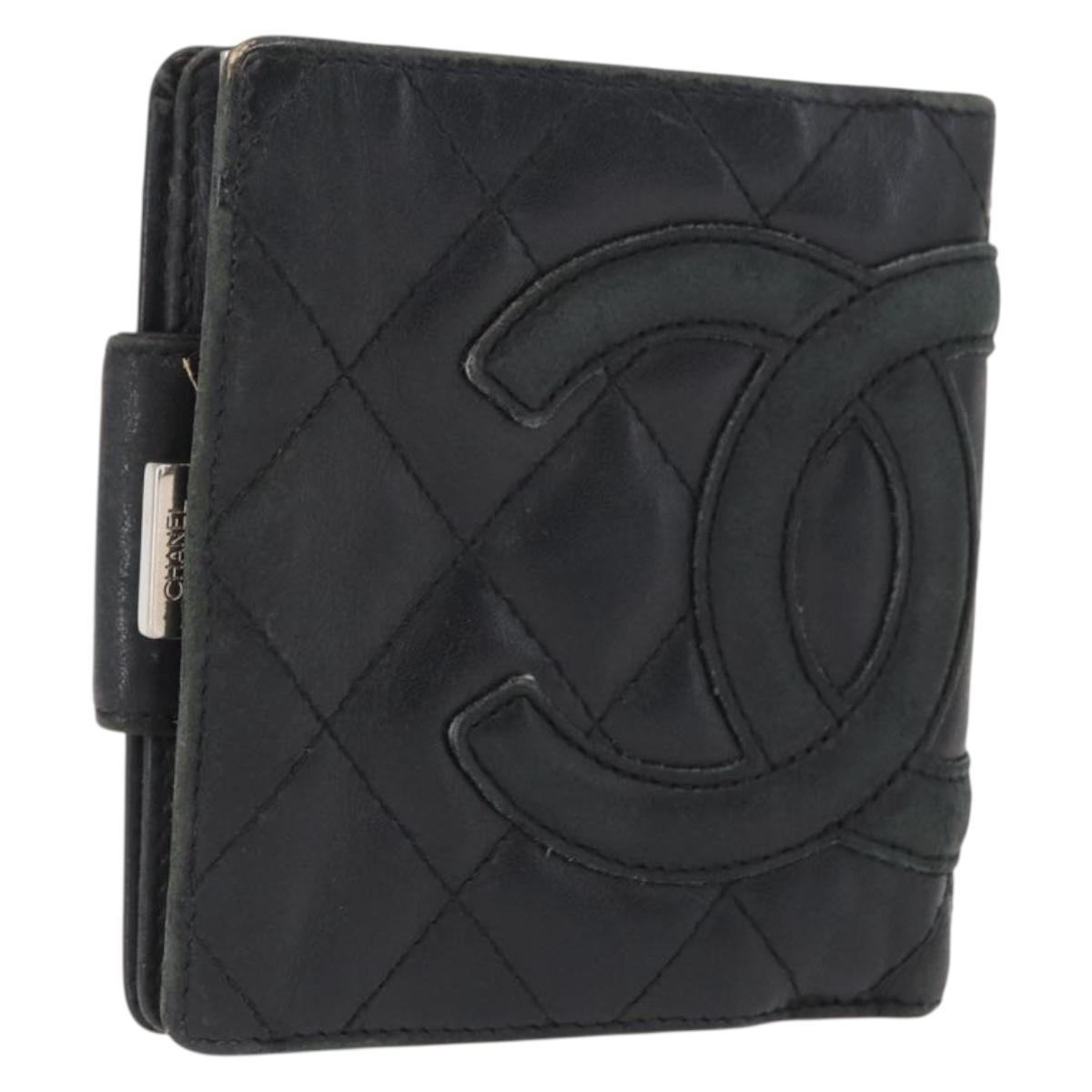 CHANEL Cambon Line Wallet Leather Black Silver CC Auth bs32911