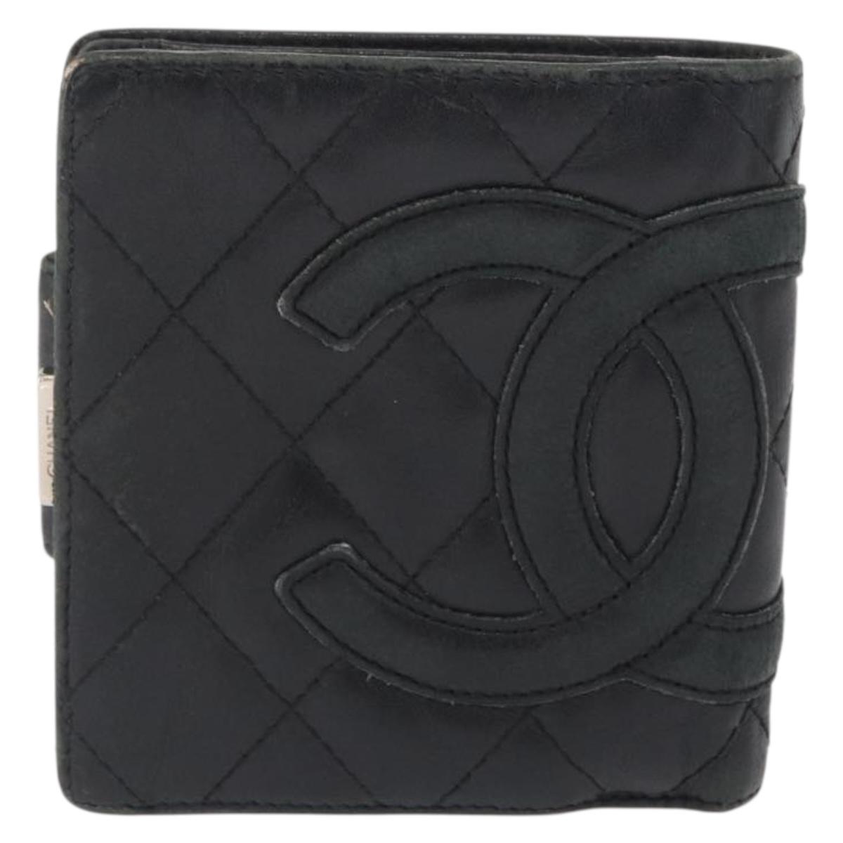CHANEL Cambon Line Wallet Leather Black Silver CC Auth bs32911