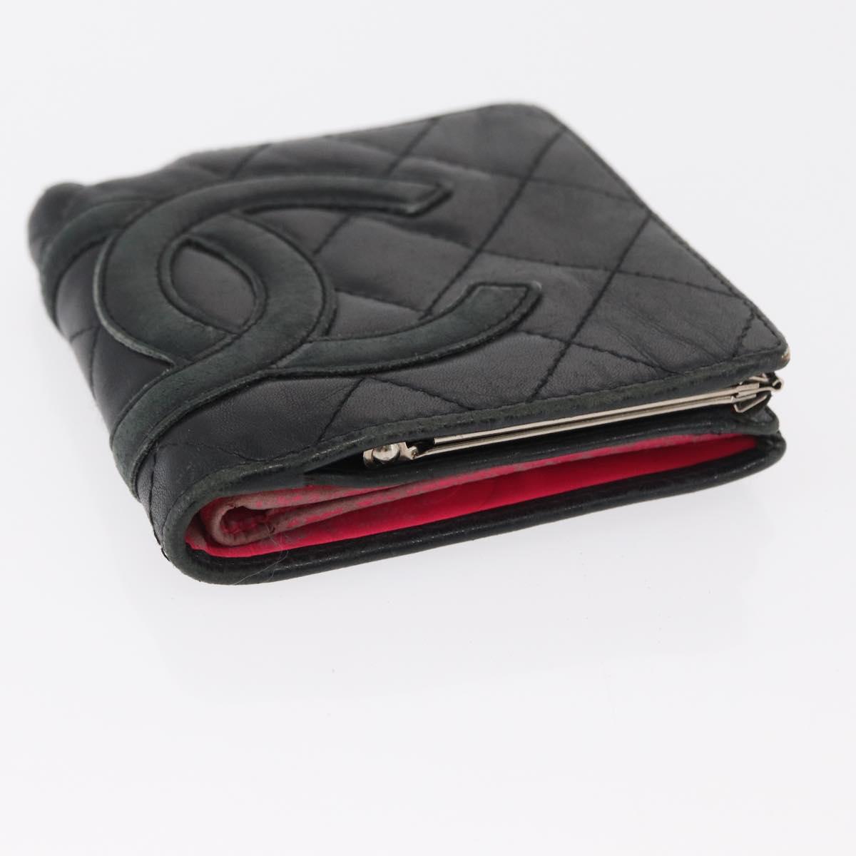 CHANEL Cambon Line Wallet Leather Black Silver CC Auth bs32911