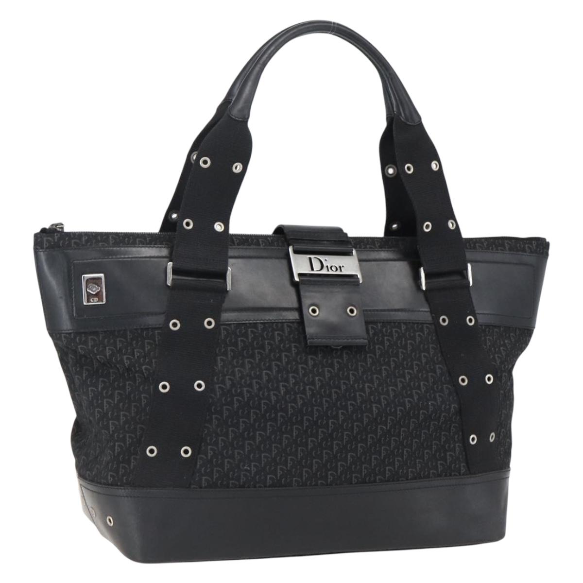 Christian Dior Trotter Canvas Hand Bag Black Silver Auth bs32942V