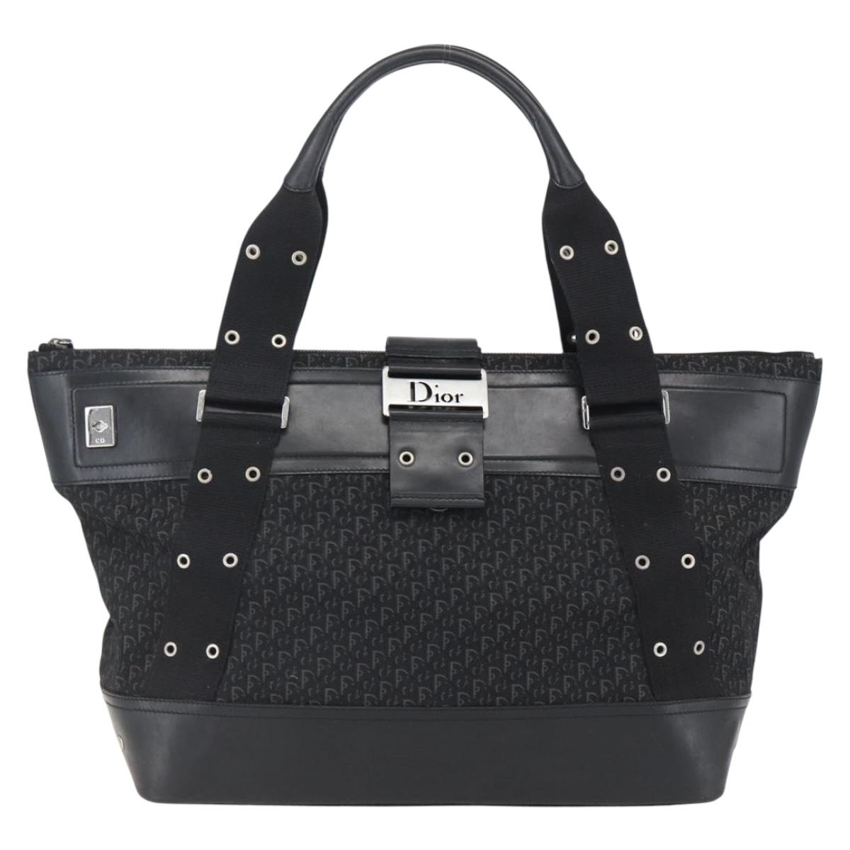 Christian Dior Trotter Canvas Hand Bag Black Silver Auth bs32942V
