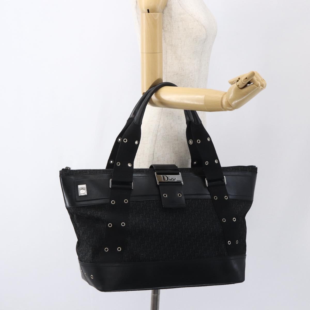 Christian Dior Trotter Canvas Hand Bag Black Silver Auth bs32942V