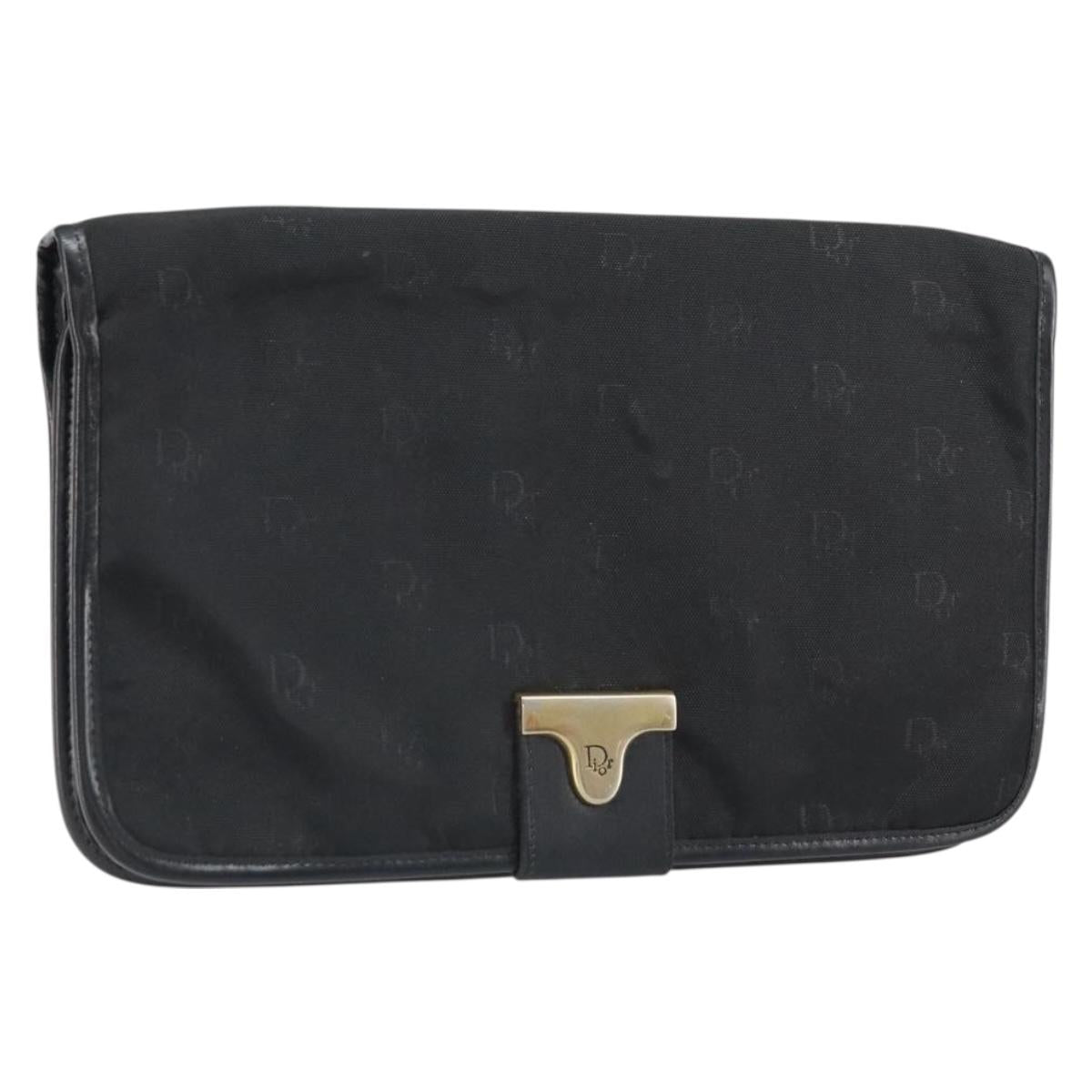 Christian Dior Pouch Nylon Leather Black Gold Auth bs32945