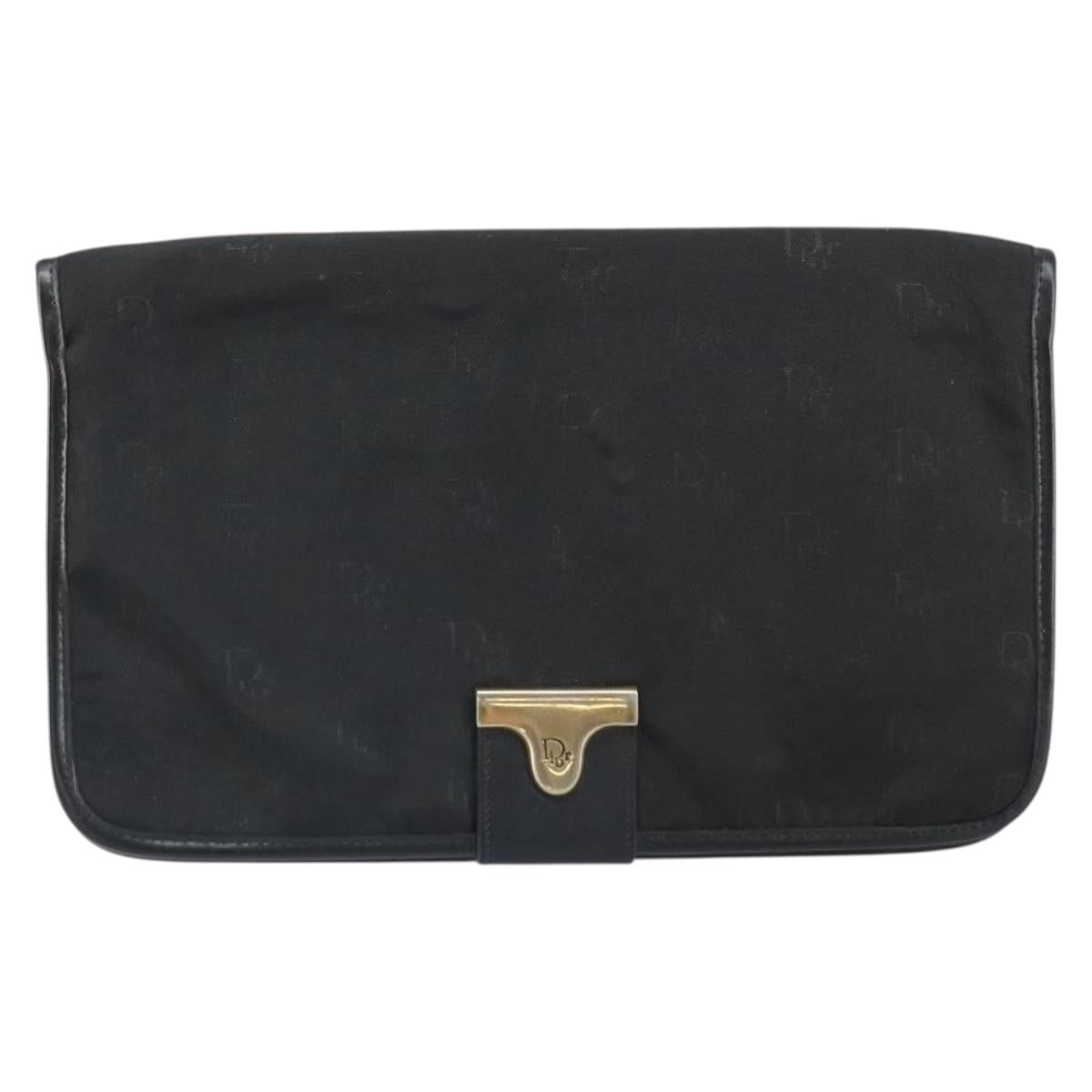 Christian Dior Pouch Nylon Leather Black Gold Auth bs32945