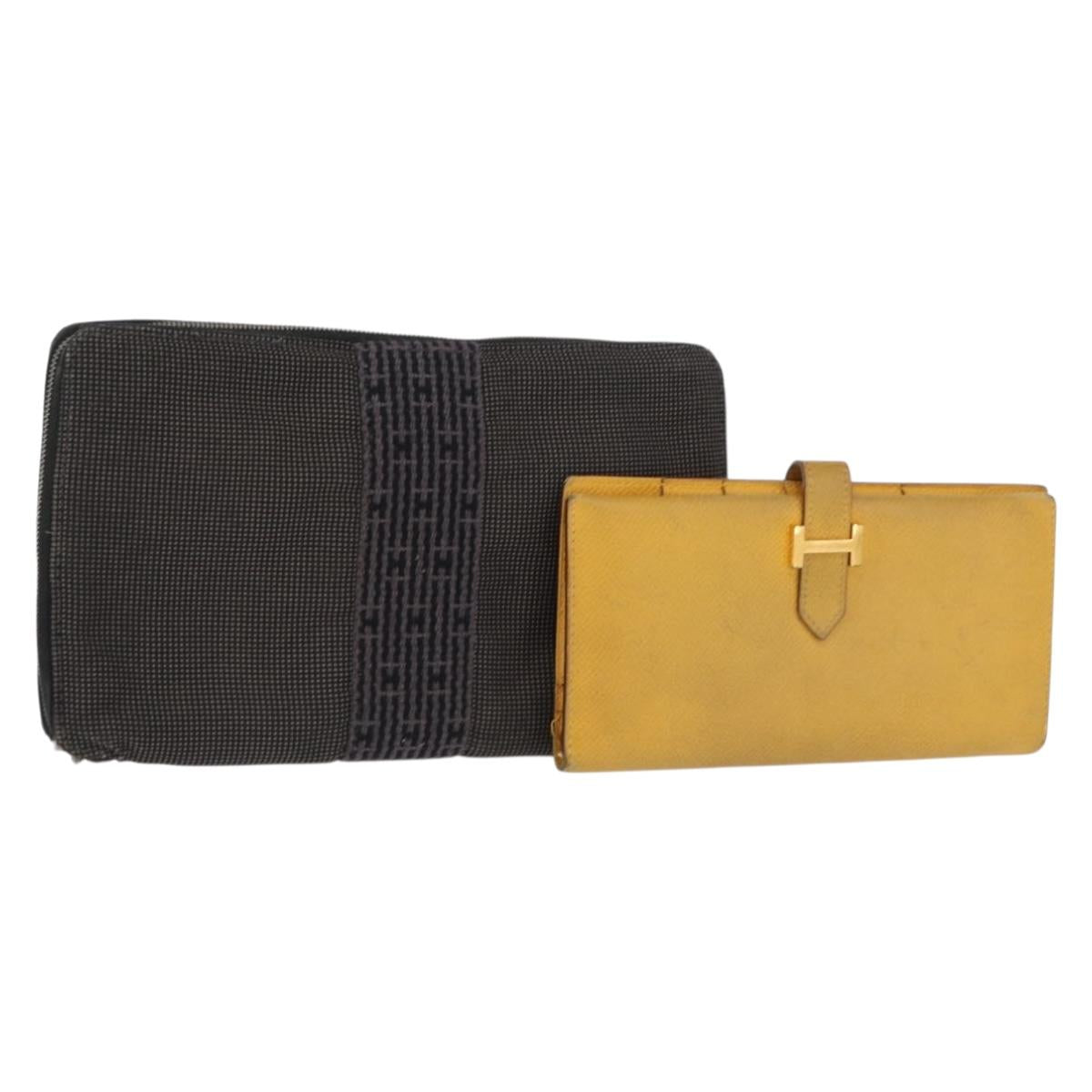 HERMES Wallet Leather Canvas 2 Set Gray Yellow Auth bs32953