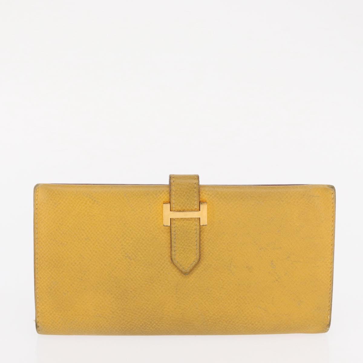 HERMES Wallet Leather Canvas 2 Set Gray Yellow Auth bs32953