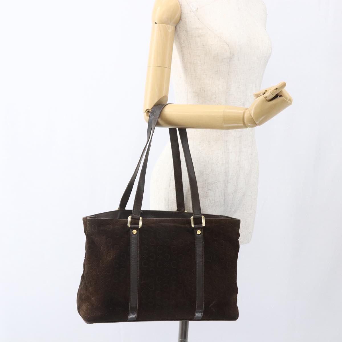CELINE C Macadam Canvas Hand Bag Suede Brown Gold Auth bs32980