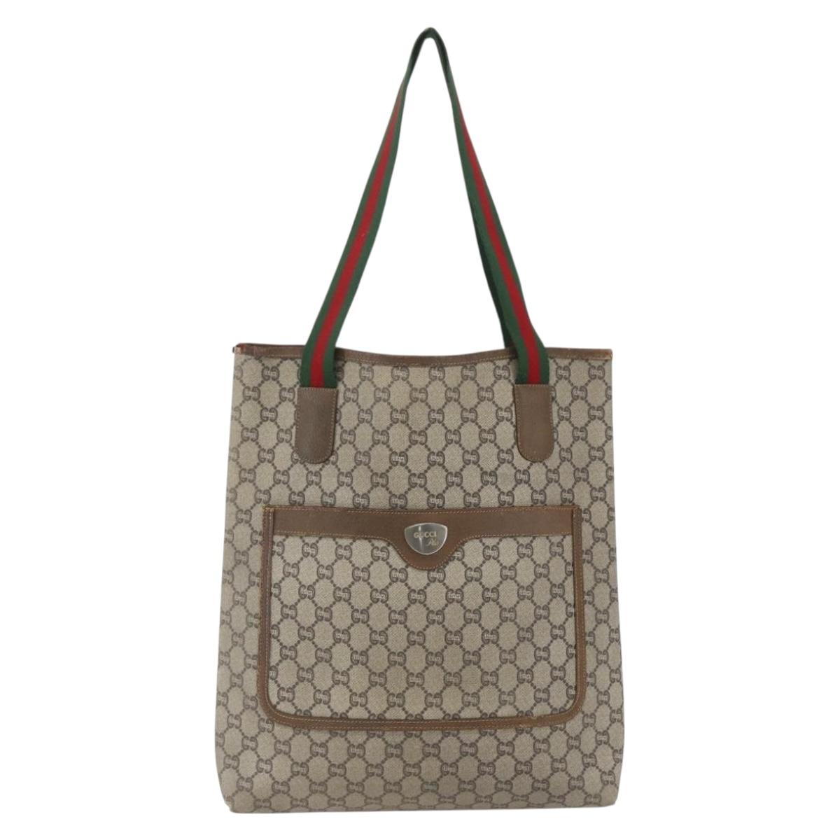 GUCCI GG Plus Supreme Web Sherry Line Tote Bag PVC Beige Red Green Auth bs32982