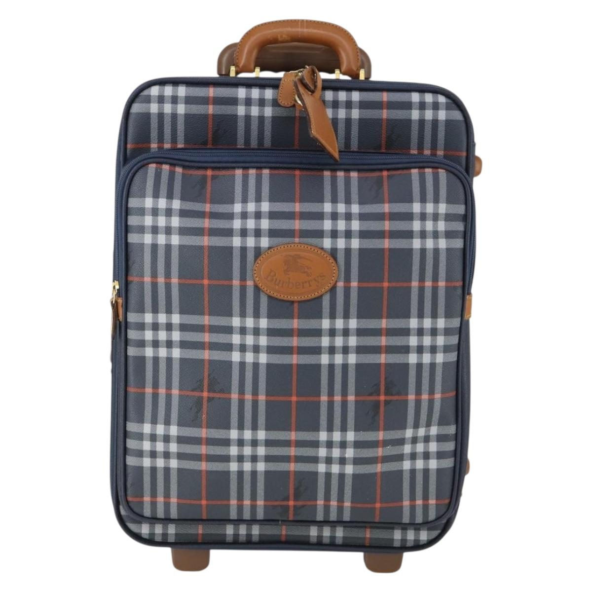 Burberrys Nova Check Carry Case Trunk PVC Leather Navy Gold Auth bs33020