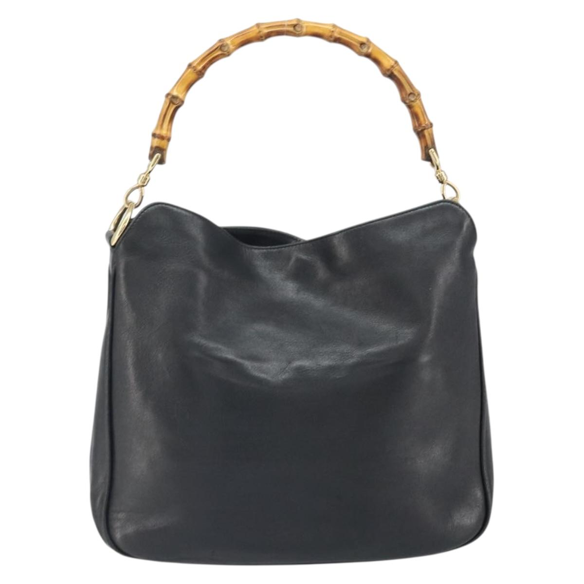 GUCCI Bamboo Hand Bag Leather Black Gold Auth bs33028