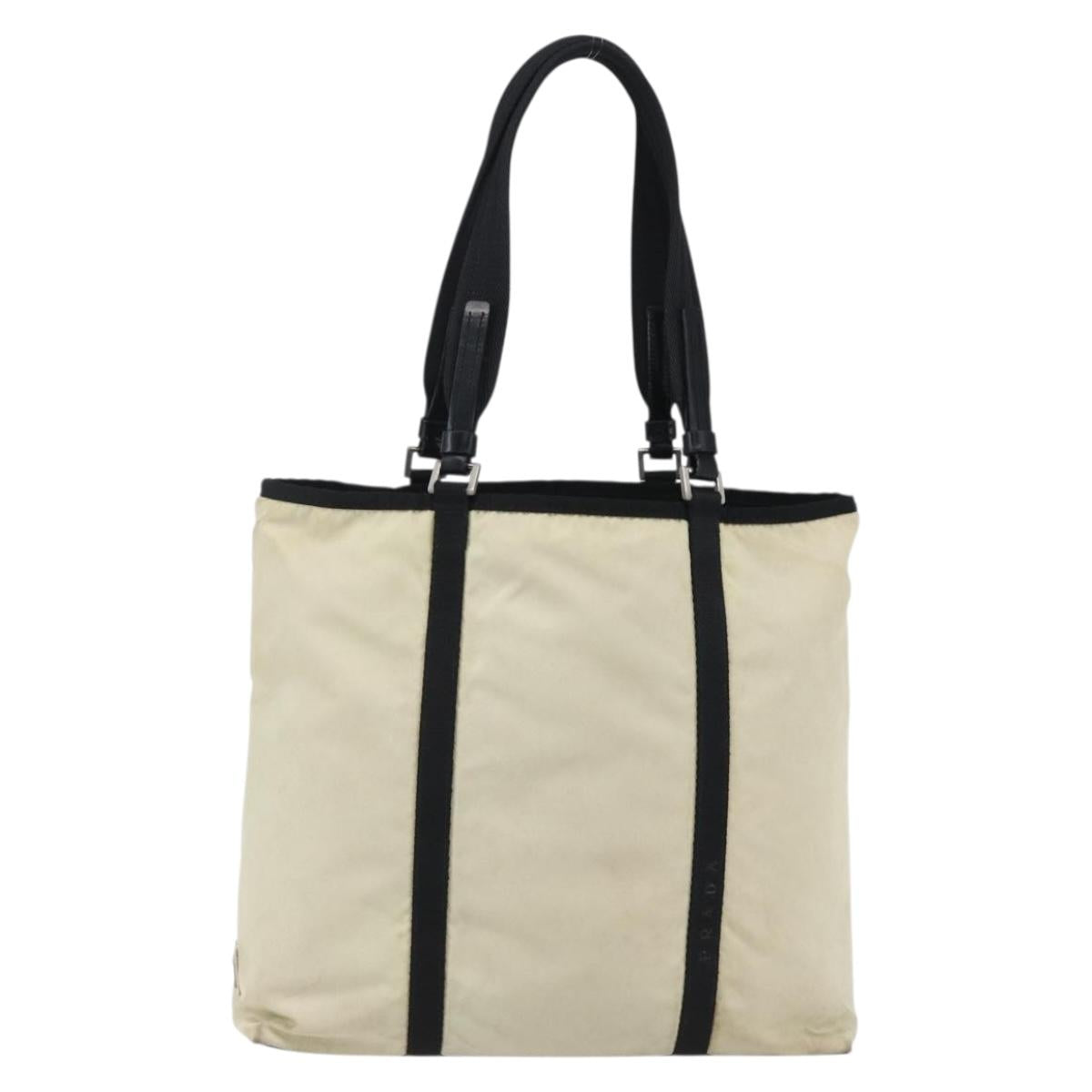 PRADA Tote Bag Nylon Cream Silver Auth bs33042