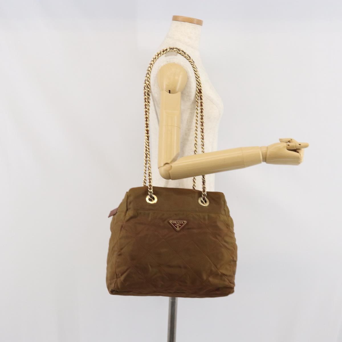 PRADA Chain Shoulder Bag Nylon Brown Gold Auth bs33044