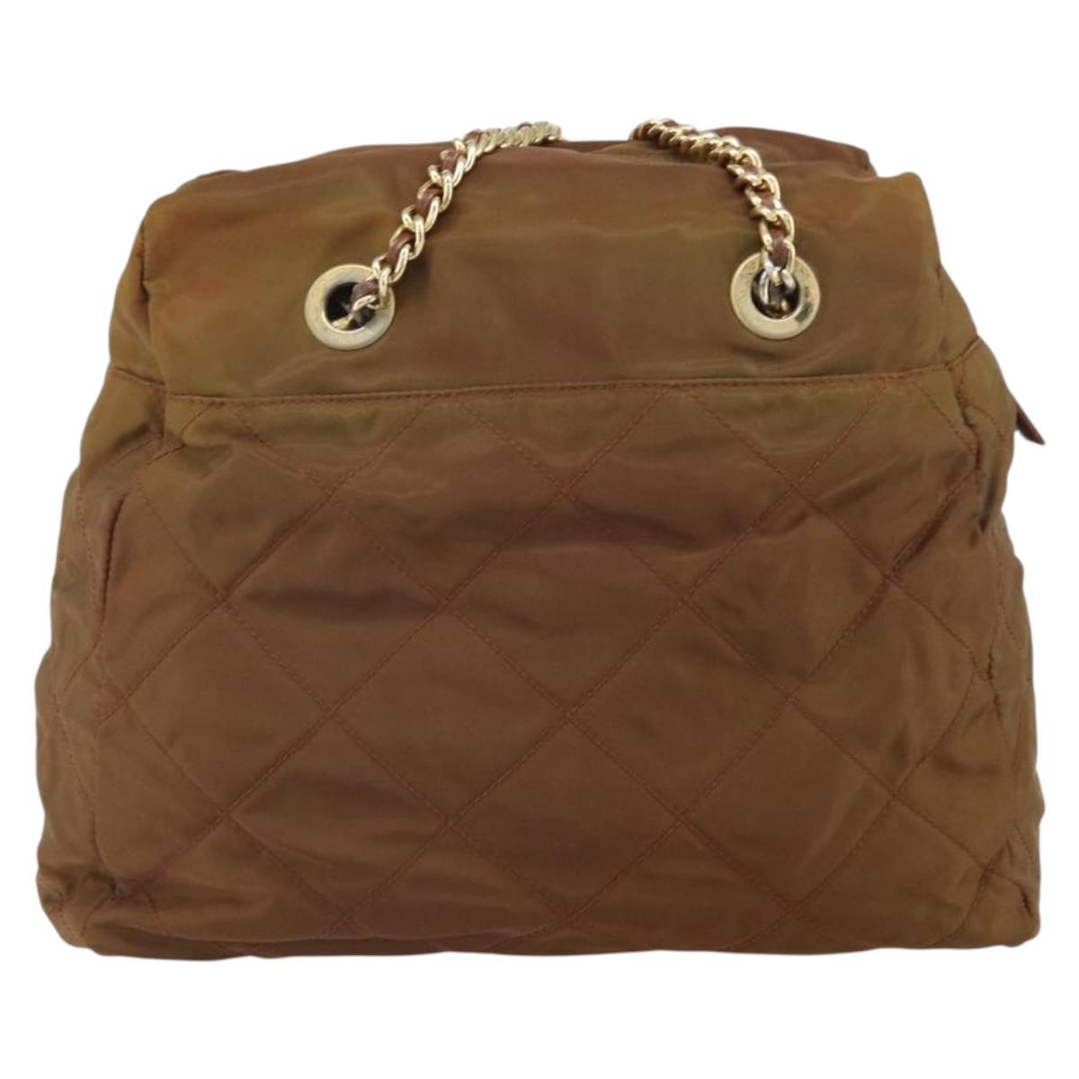 PRADA Chain Shoulder Bag Nylon Brown Gold Auth bs33044