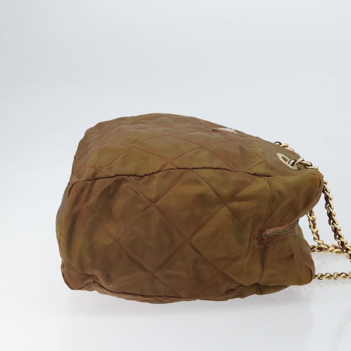 PRADA Chain Shoulder Bag Nylon Brown Gold Auth bs33044