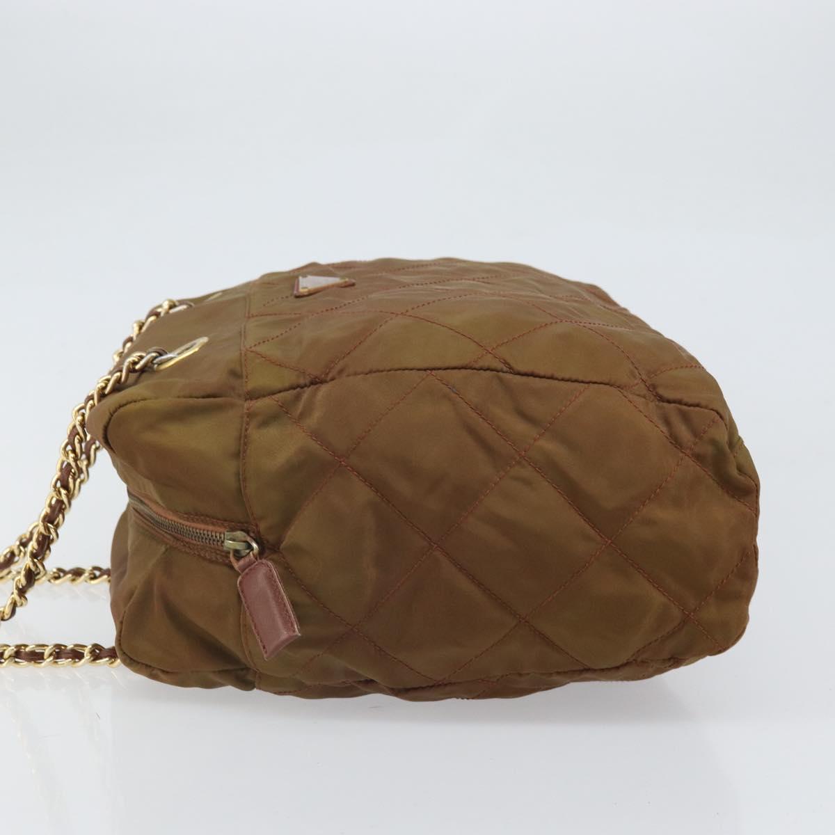 PRADA Chain Shoulder Bag Nylon Brown Gold Auth bs33044